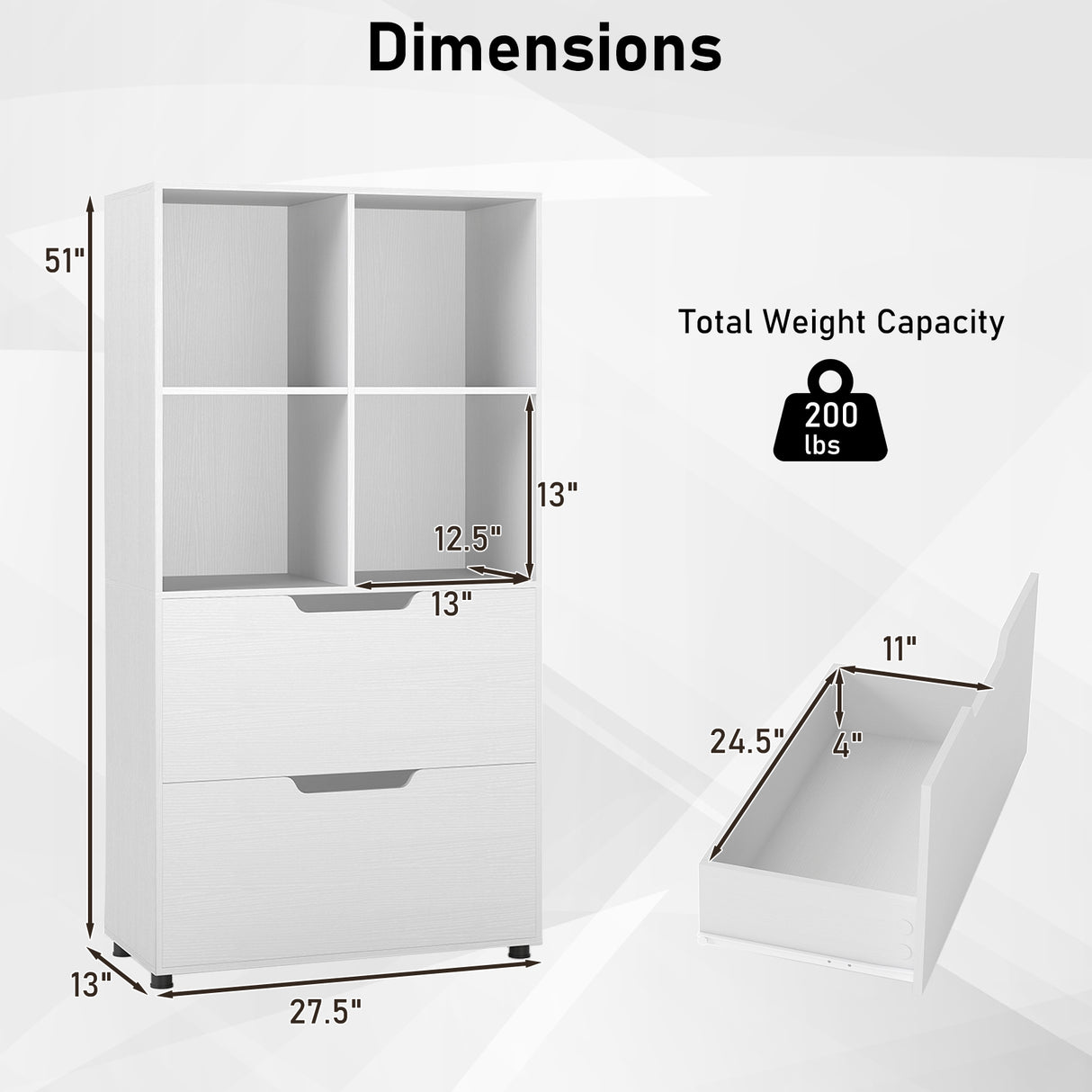 4-Cube Bookcase with 2 Drawers 51 inch 5-Tier Tall Freestanding Bookshelf-White