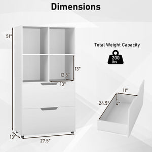 4-Cube Bookcase with 2 Drawers 51 inch 5-Tier Tall Freestanding Bookshelf-White