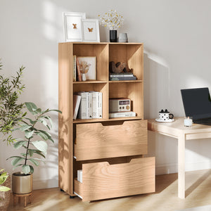 4-Cube Bookcase with 2 Drawers 51 inch 5-Tier Tall Freestanding Bookshelf-Natural