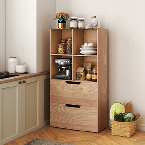 4-Cube Bookcase with 2 Drawers 51 inch 5-Tier Tall Freestanding Bookshelf-Natural