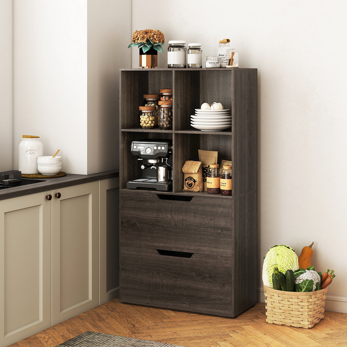 4-Cube Bookcase with 2 Drawers 51 inch 5-Tier Tall Freestanding Bookshelf-Gray