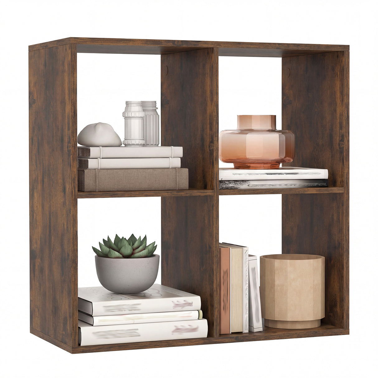 4 Cube Bookshelf with Back Guardrail for Living Room Bedroom-Coffee
