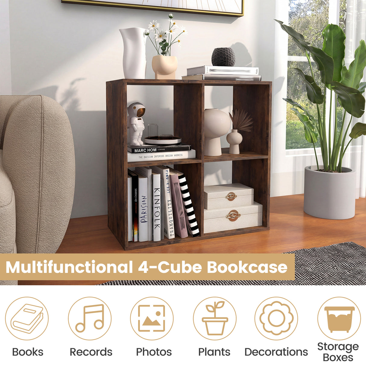 4 Cube Bookshelf with Back Guardrail for Living Room Bedroom-Coffee