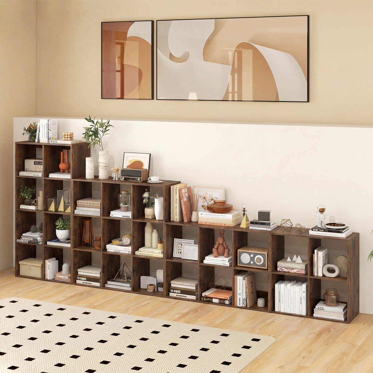 4 Cube Bookshelf with Back Guardrail for Living Room Bedroom-Coffee