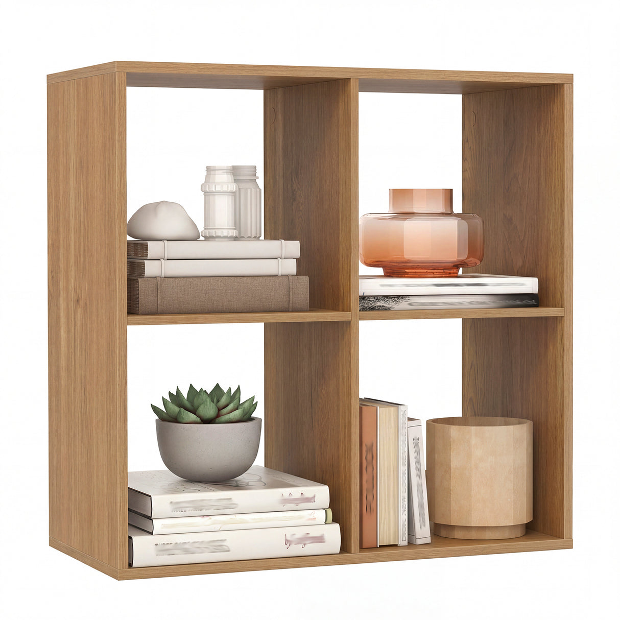 4 Cube Bookshelf with Back Guardrail for Living Room Bedroom-Natural