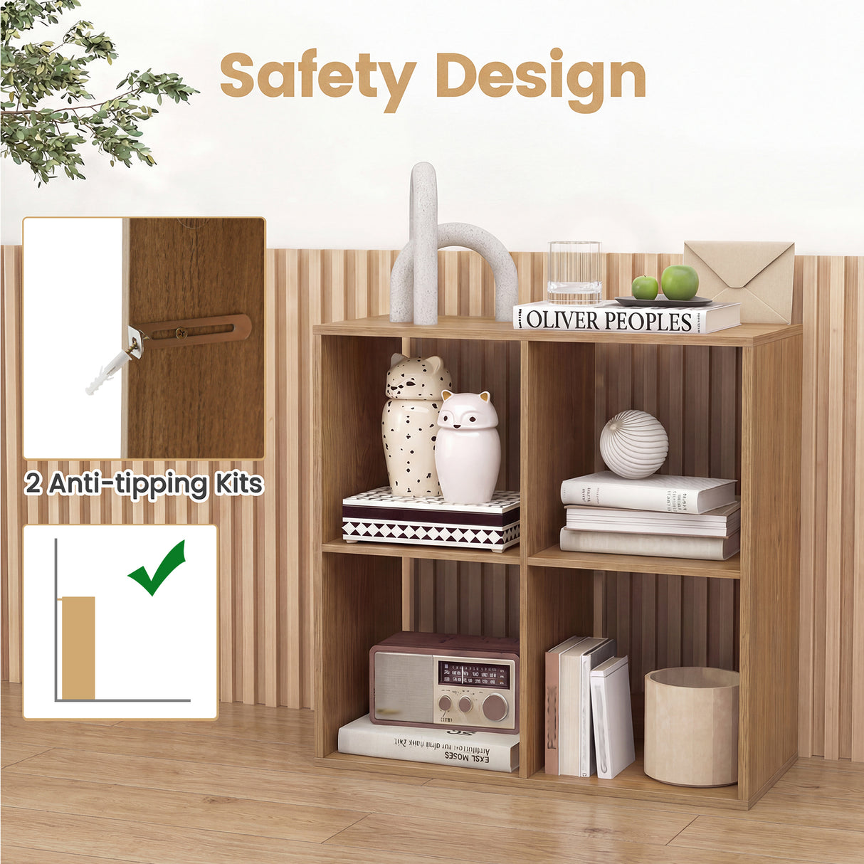 4 Cube Bookshelf with Back Guardrail for Living Room Bedroom-Natural