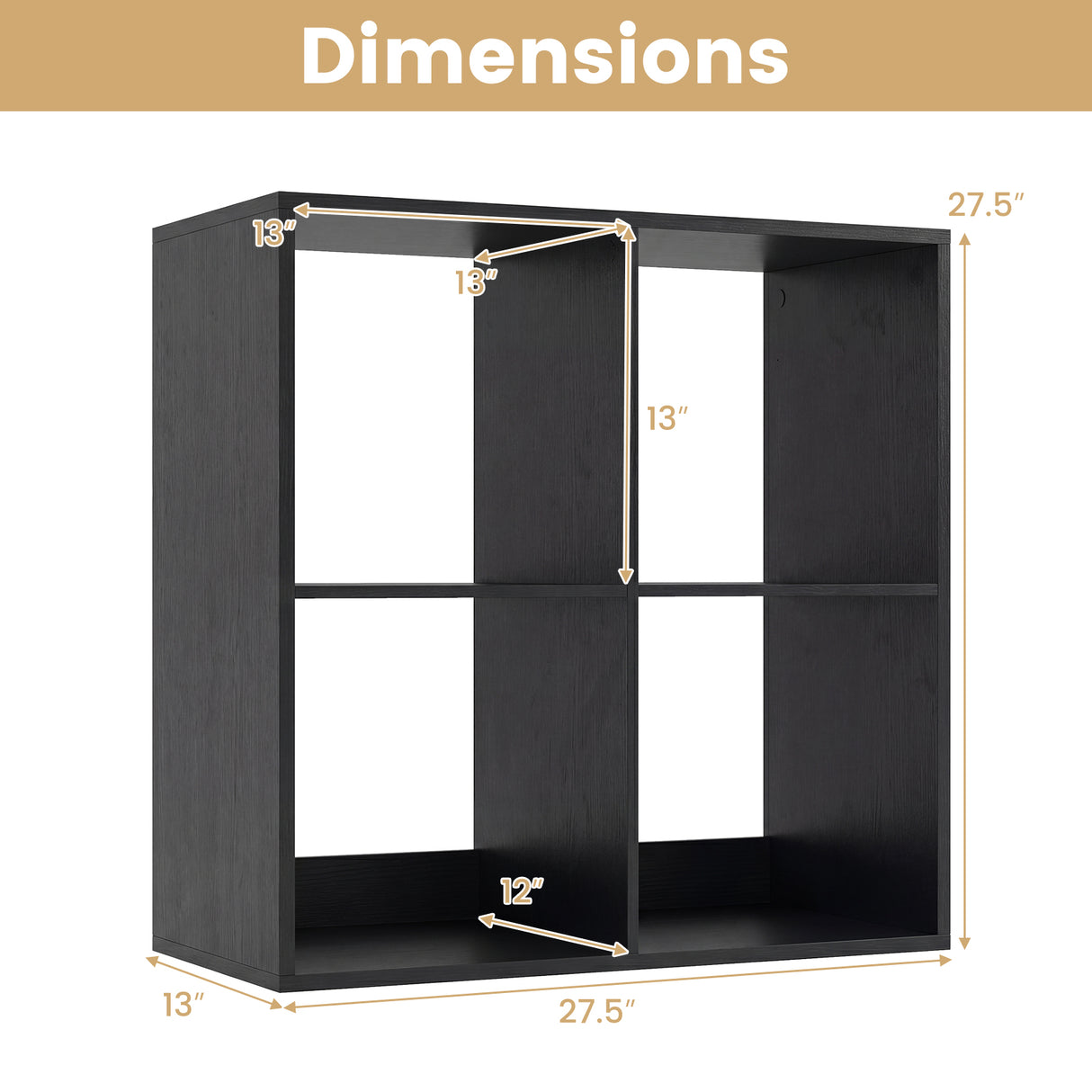 4 Cube Bookshelf with Back Guardrail for Living Room Bedroom-Black