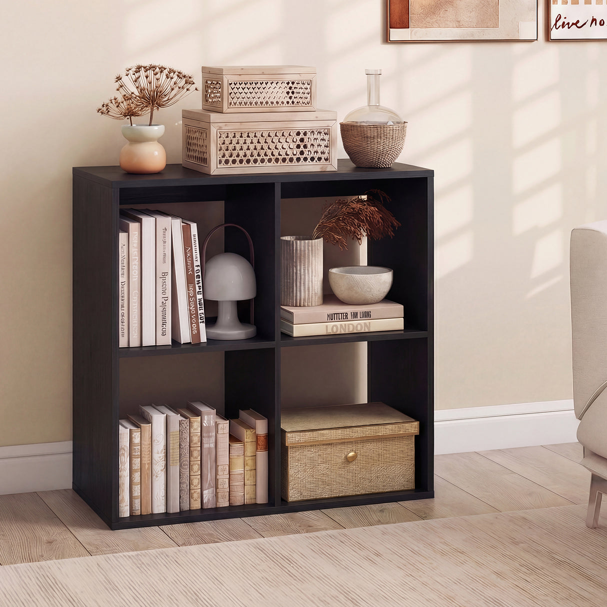 4 Cube Bookshelf with Back Guardrail for Living Room Bedroom-Black