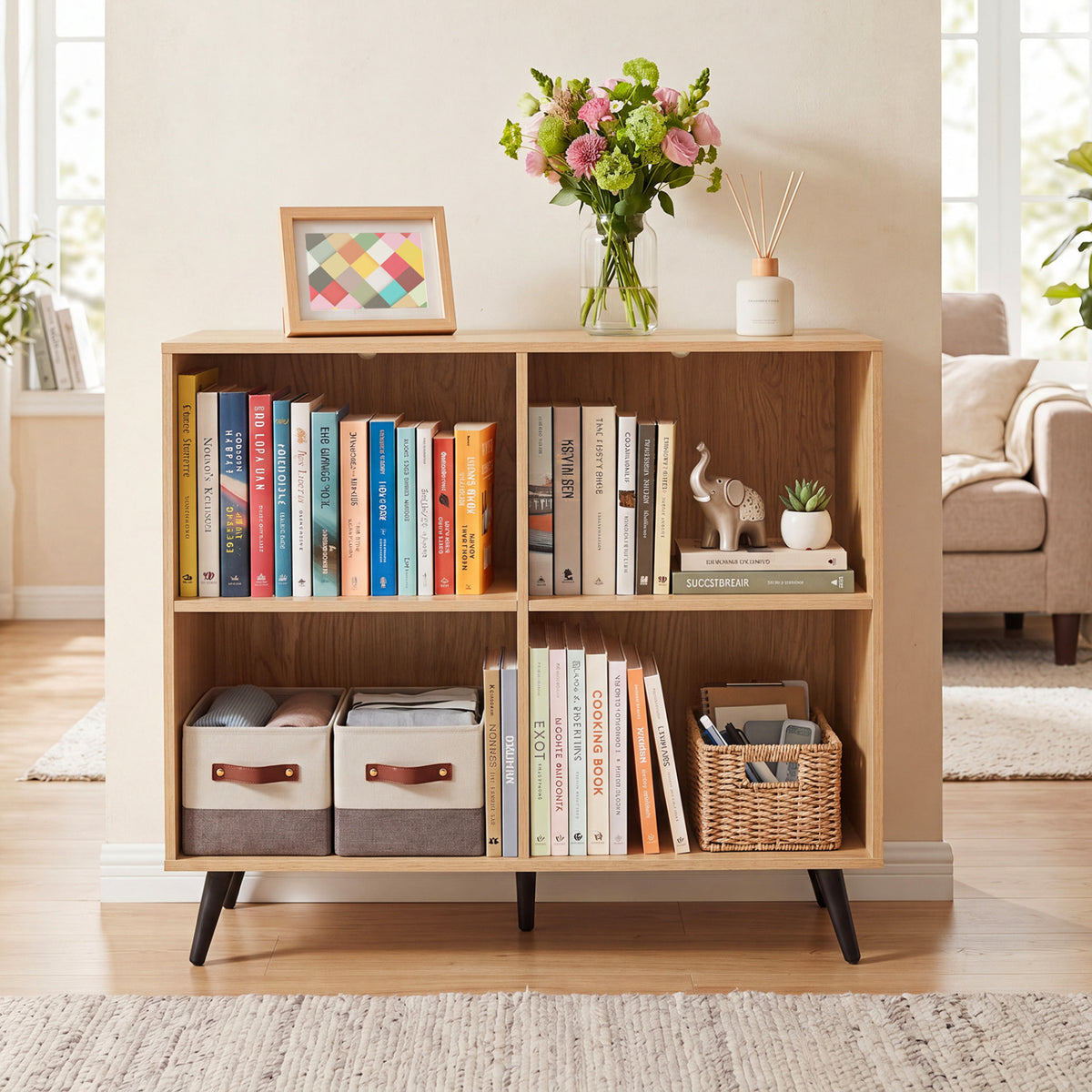 4-Cube Wooden Bookshelf Bookcase with 5 Metal Legs for Home-Natural