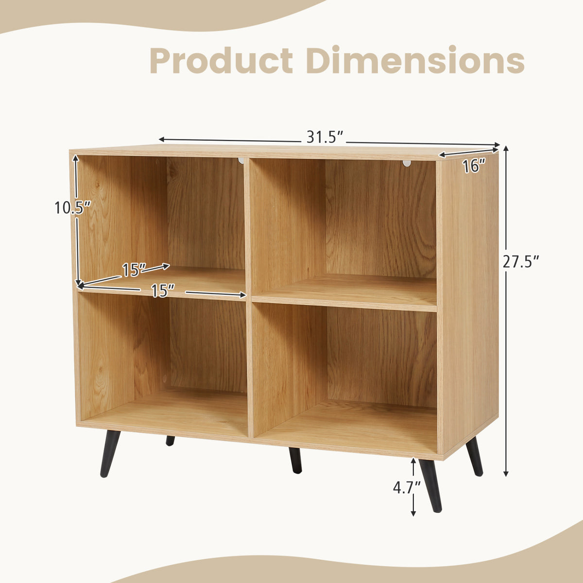 4-Cube Wooden Bookshelf Bookcase with 5 Metal Legs for Home-Natural