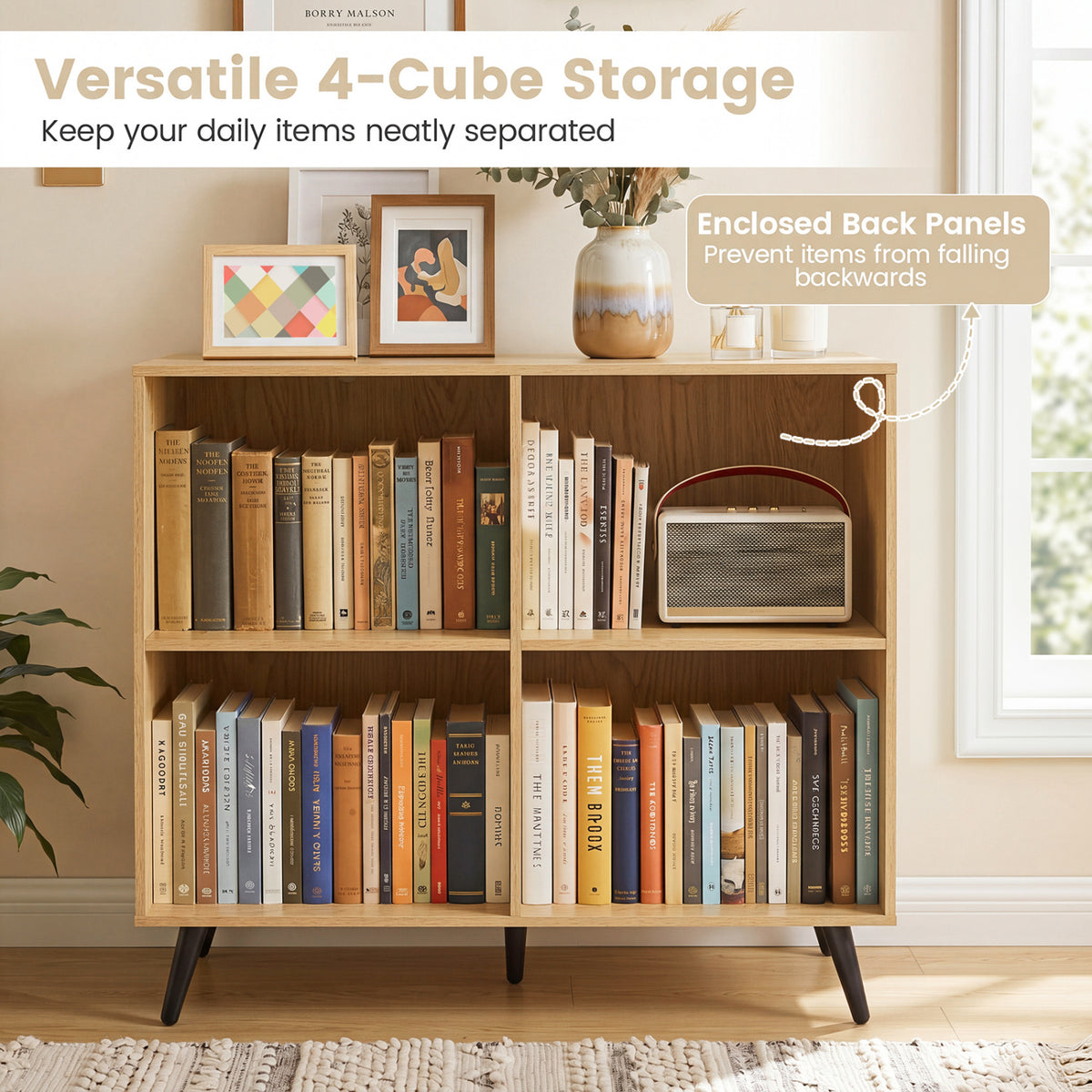 4-Cube Wooden Bookshelf Bookcase with 5 Metal Legs for Home-Natural