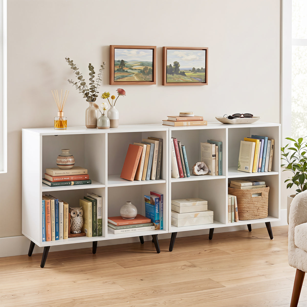 4-Cube Wooden Bookshelf Bookcase with 5 Metal Legs for Home-White