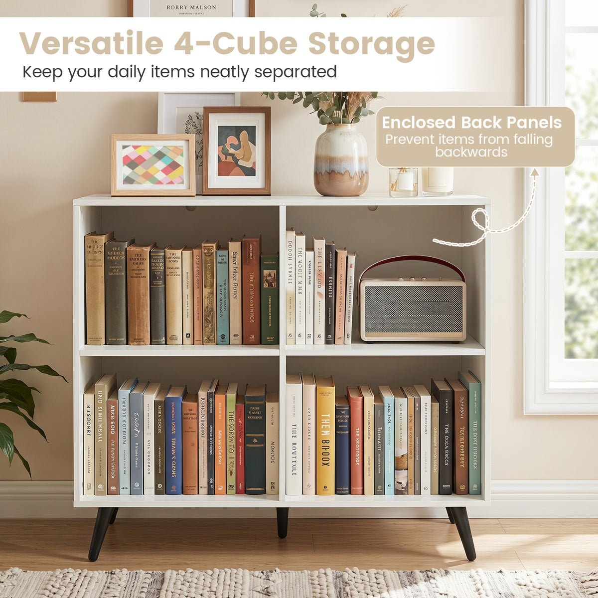 4-Cube Wooden Bookshelf Bookcase with 5 Metal Legs for Home-White