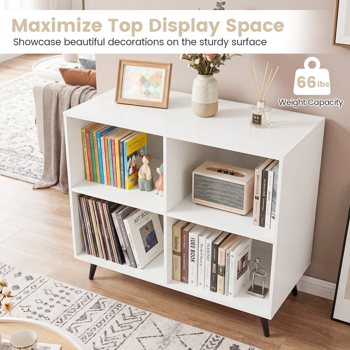 4-Cube Wooden Bookshelf Bookcase with 5 Metal Legs for Home-White