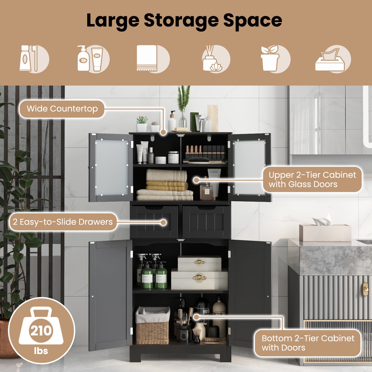 4 Door Freestanding Bathroom Floor Storage Cabinet with 2 Drawers and Glass Doors-Black