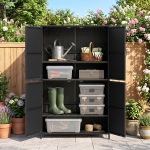 4-Door Rattan Vertical Storage Shed with Adjustable Shelves-Black