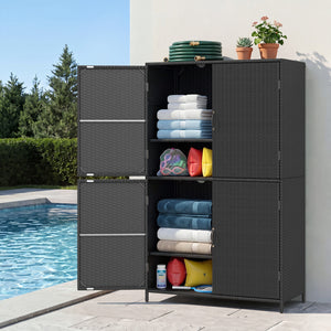 4-Door Rattan Vertical Storage Shed with Adjustable Shelves-Black