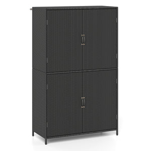4-Door Rattan Vertical Storage Shed with Adjustable Shelves-Black