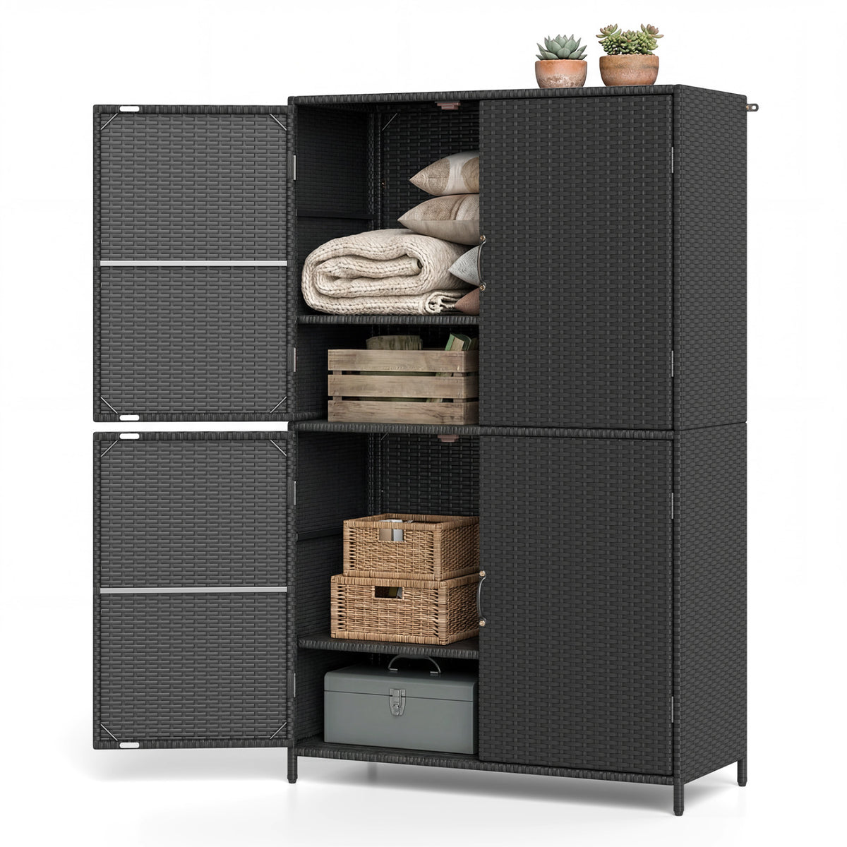4-Door Rattan Vertical Storage Shed with Adjustable Shelves-Black