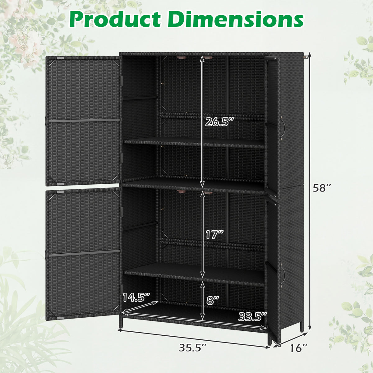 4-Door Rattan Vertical Storage Shed with Adjustable Shelves-Black
