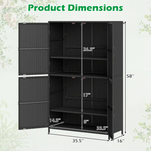 4-Door Rattan Vertical Storage Shed with Adjustable Shelves-Black