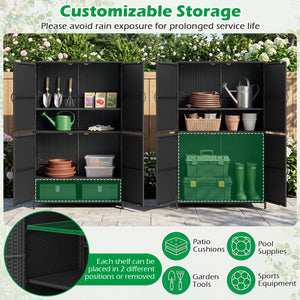 4-Door Rattan Vertical Storage Shed with Adjustable Shelves-Black