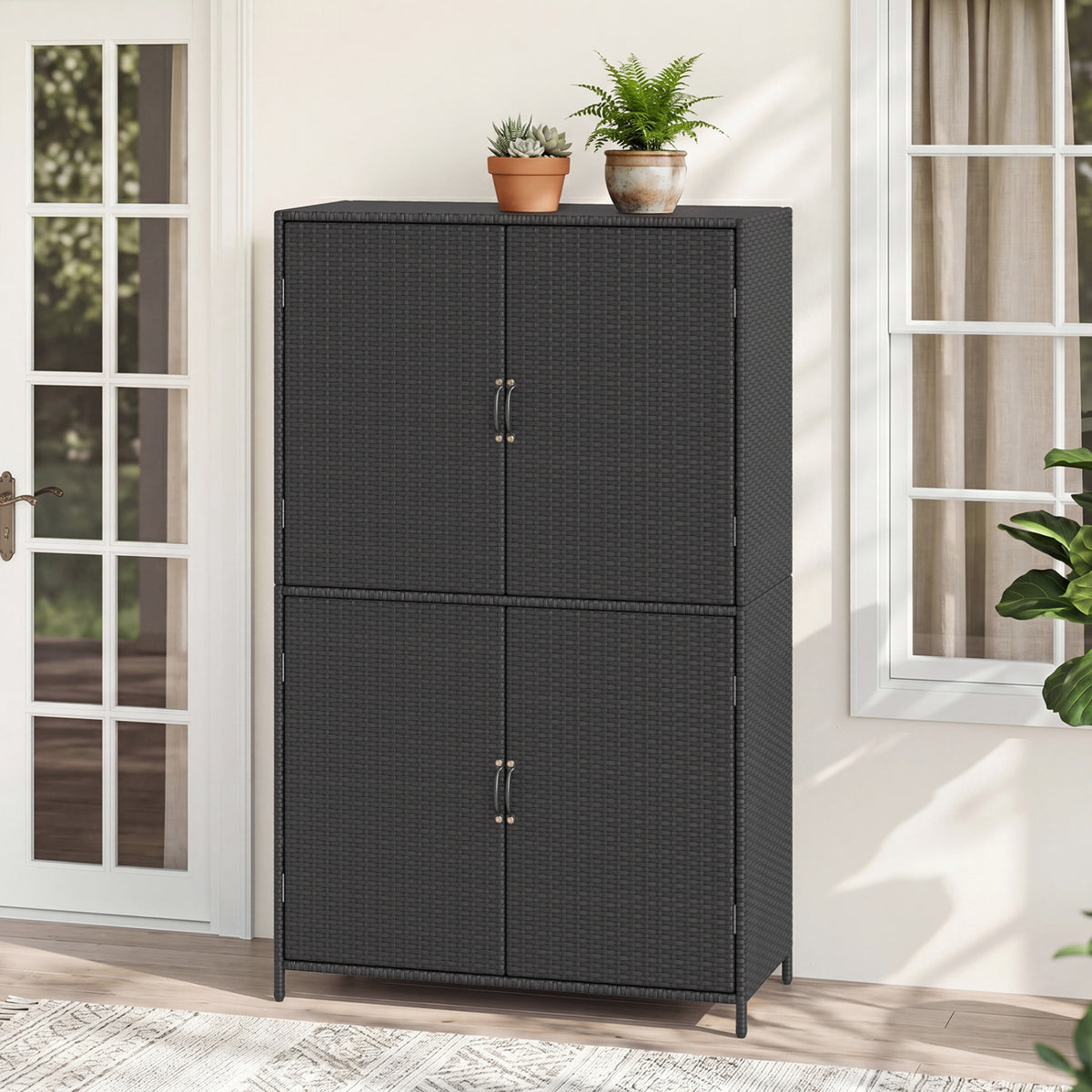 4-Door Rattan Vertical Storage Shed with Adjustable Shelves-Black