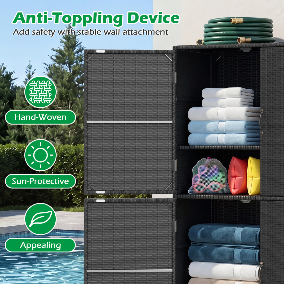 4-Door Rattan Vertical Storage Shed with Adjustable Shelves-Black