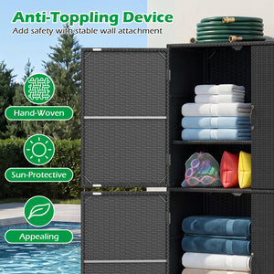 4-Door Rattan Vertical Storage Shed with Adjustable Shelves-Black