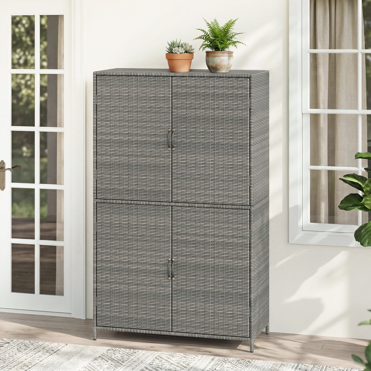 4-Door Rattan Vertical Storage Shed with Adjustable Shelves-Gray