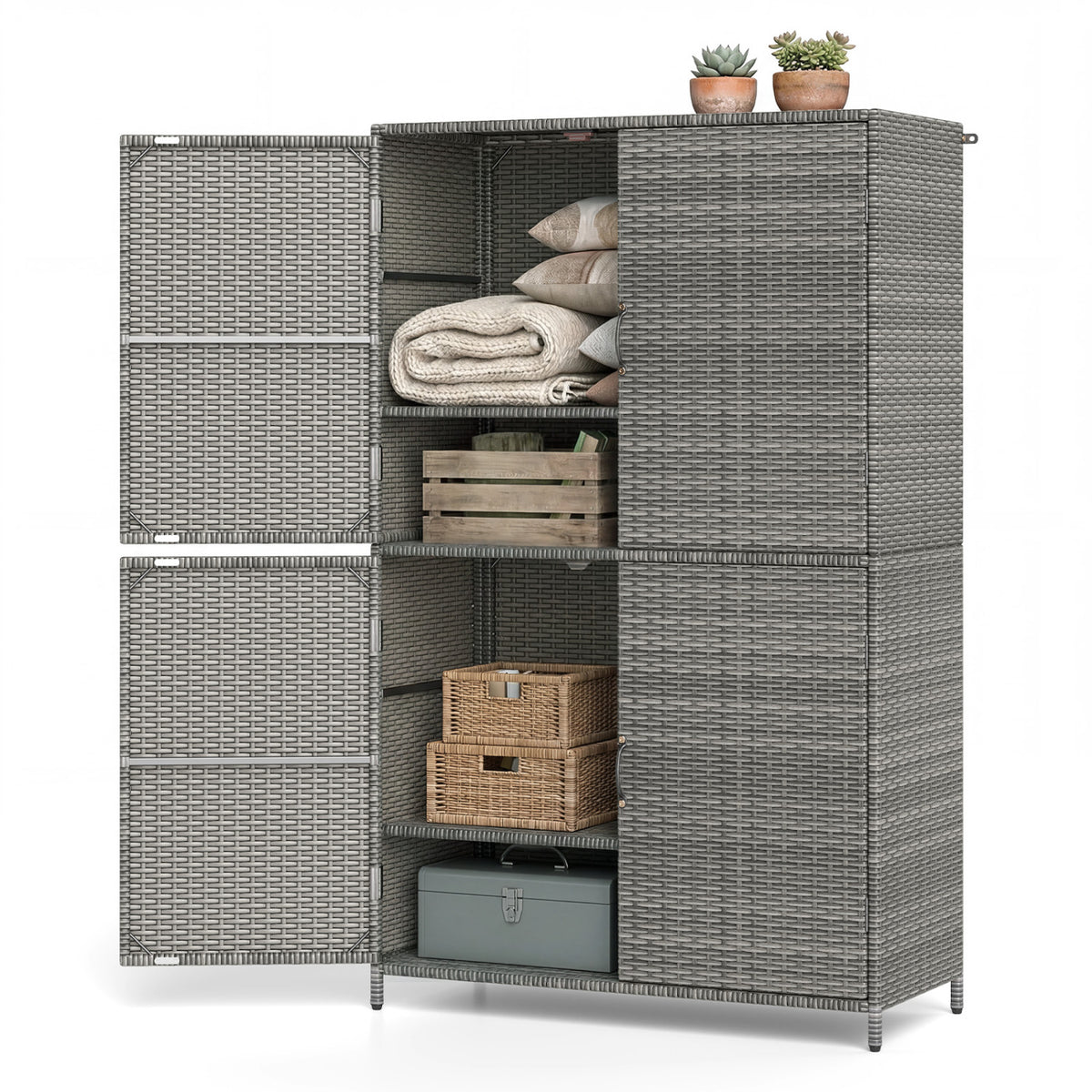 4-Door Rattan Vertical Storage Shed with Adjustable Shelves-Gray
