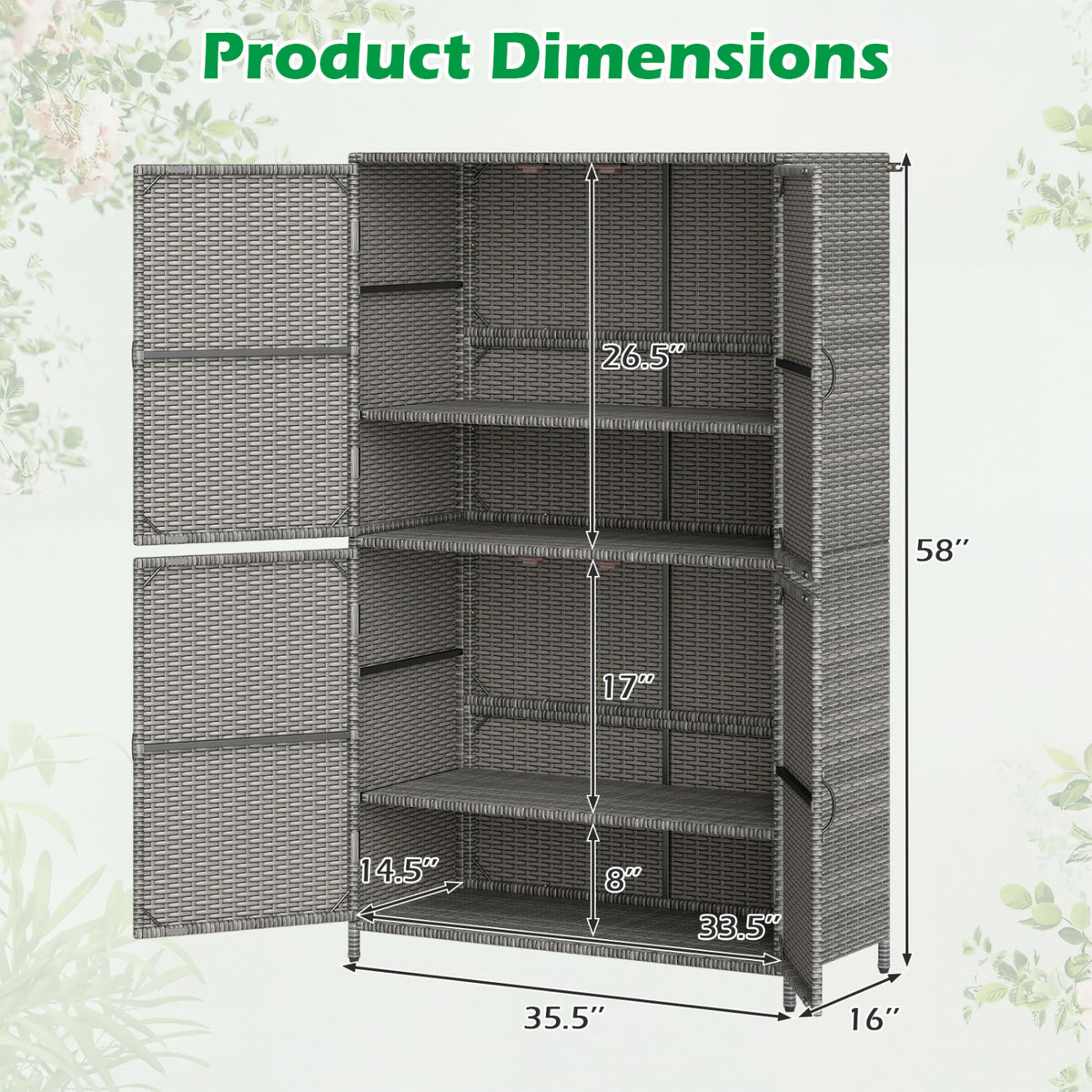 4-Door Rattan Vertical Storage Shed with Adjustable Shelves-Gray