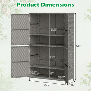 4-Door Rattan Vertical Storage Shed with Adjustable Shelves-Gray