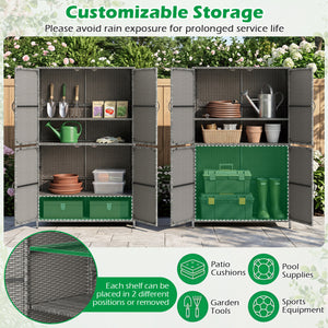 4-Door Rattan Vertical Storage Shed with Adjustable Shelves-Gray