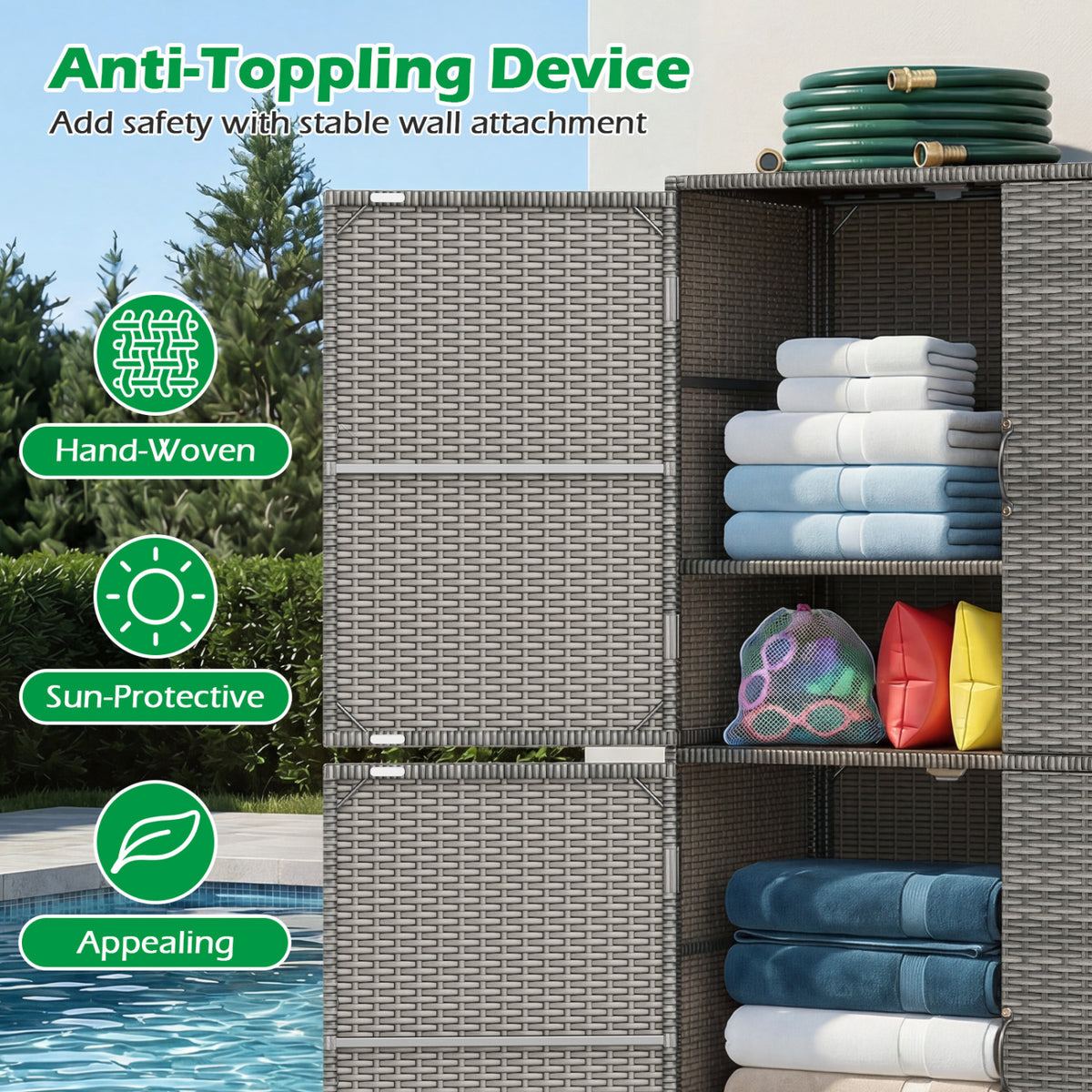 4-Door Rattan Vertical Storage Shed with Adjustable Shelves-Gray