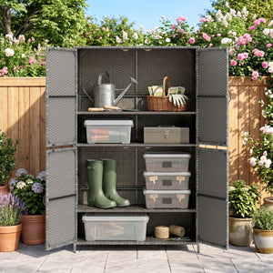 4-Door Rattan Vertical Storage Shed with Adjustable Shelves-Gray