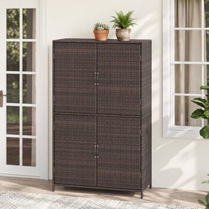 4-Door Rattan Vertical Storage Shed with Adjustable Shelves-Brown