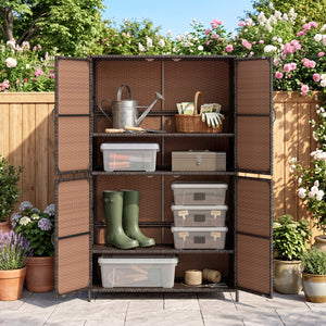 4-Door Rattan Vertical Storage Shed with Adjustable Shelves-Brown