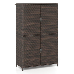 4-Door Rattan Vertical Storage Shed with Adjustable Shelves-Brown