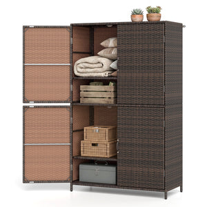 4-Door Rattan Vertical Storage Shed with Adjustable Shelves-Brown