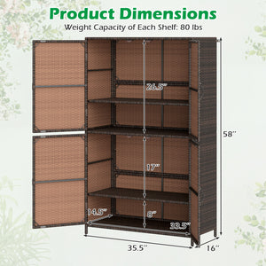 4-Door Rattan Vertical Storage Shed with Adjustable Shelves-Brown