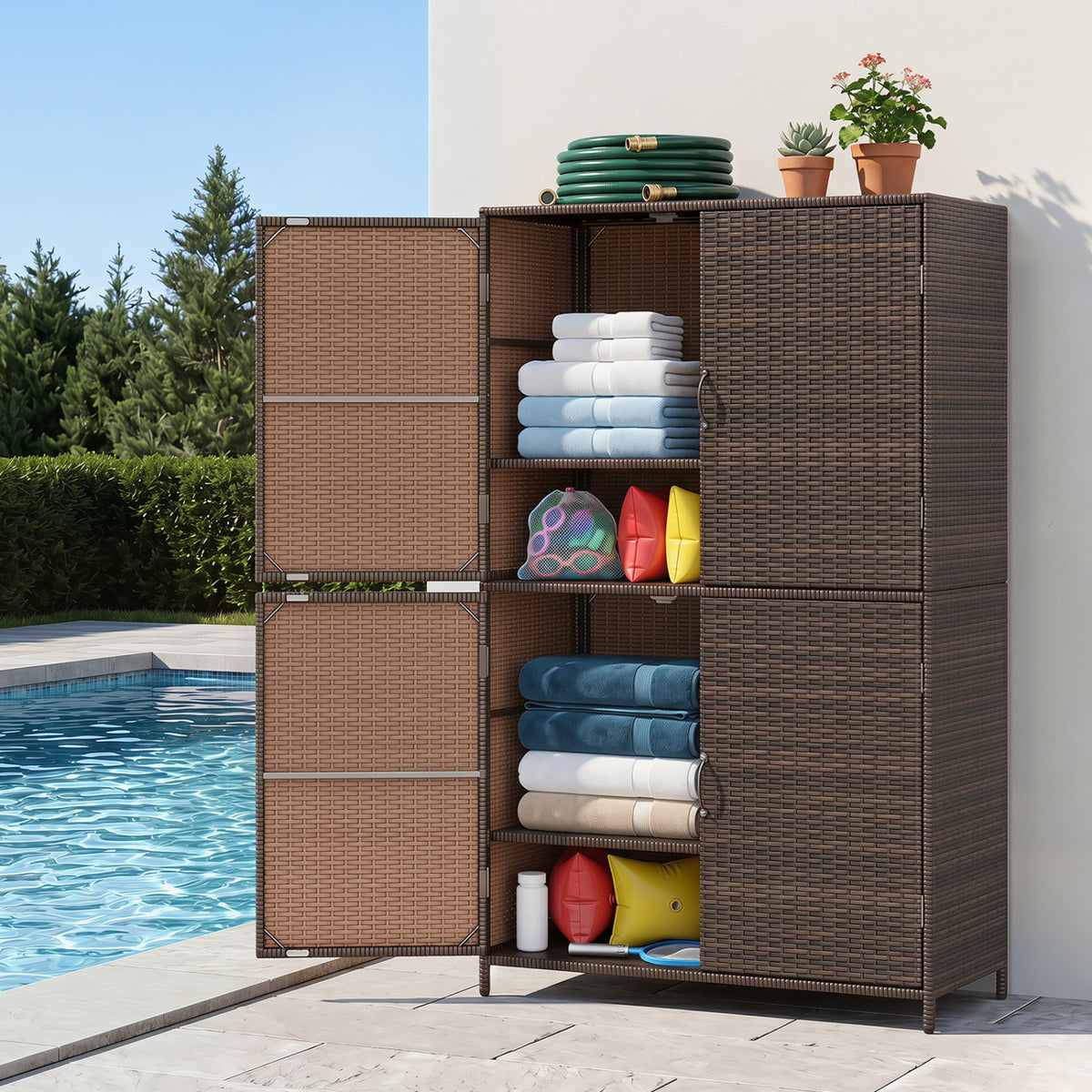 4-Door Rattan Vertical Storage Shed with Adjustable Shelves-Brown