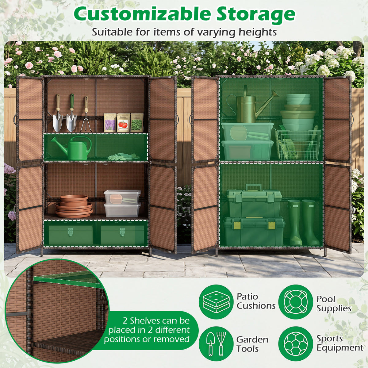 4-Door Rattan Vertical Storage Shed with Adjustable Shelves-Brown
