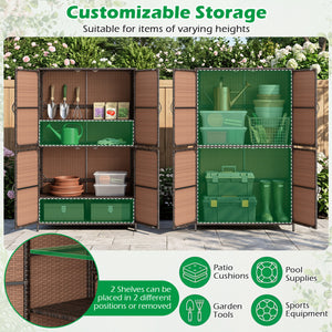 4-Door Rattan Vertical Storage Shed with Adjustable Shelves-Brown