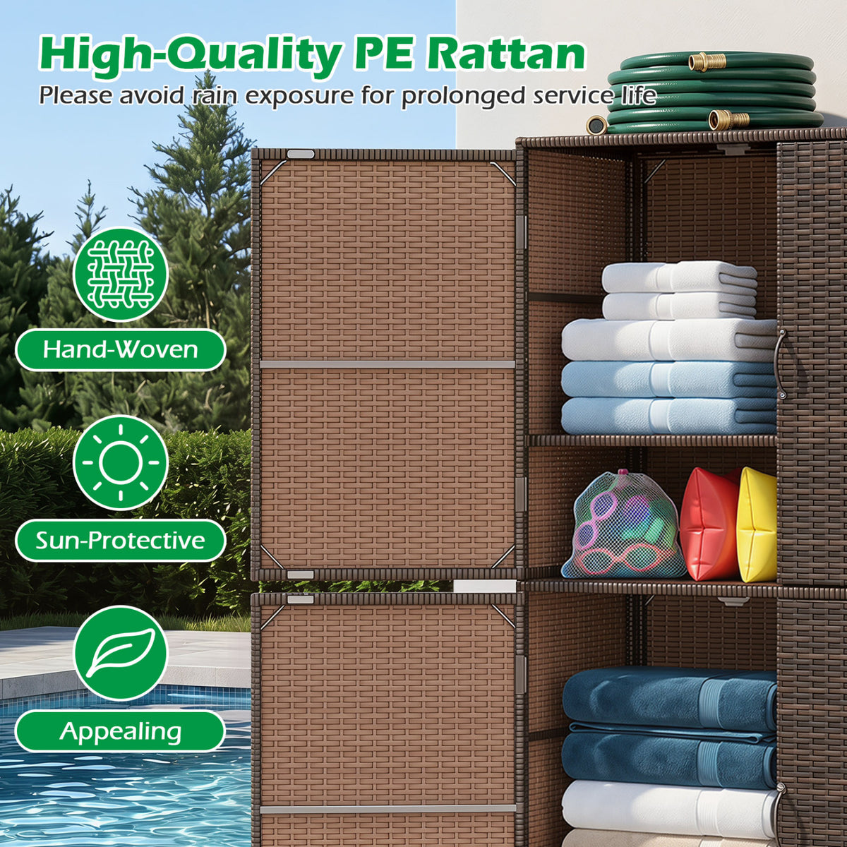 4-Door Rattan Vertical Storage Shed with Adjustable Shelves-Brown