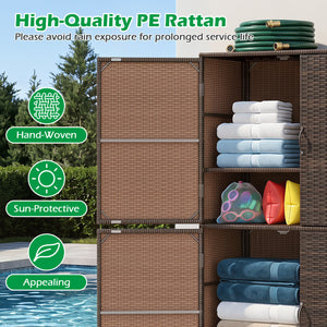 4-Door Rattan Vertical Storage Shed with Adjustable Shelves-Brown