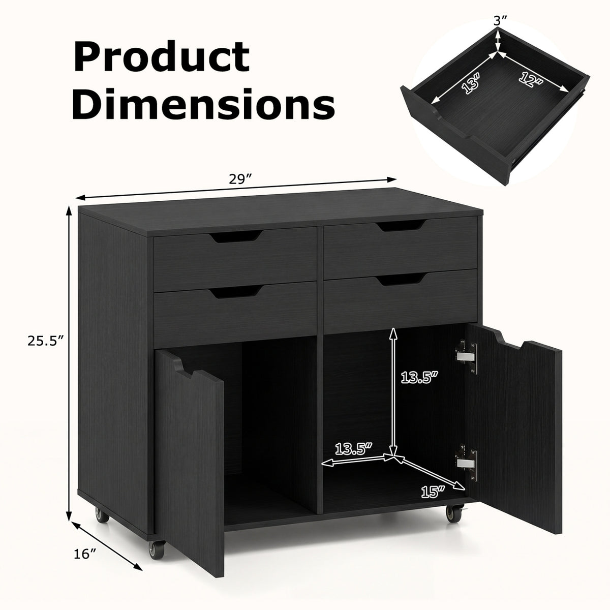 4 Drawer File Cabinet with Wheels for Home Office Organization-Black