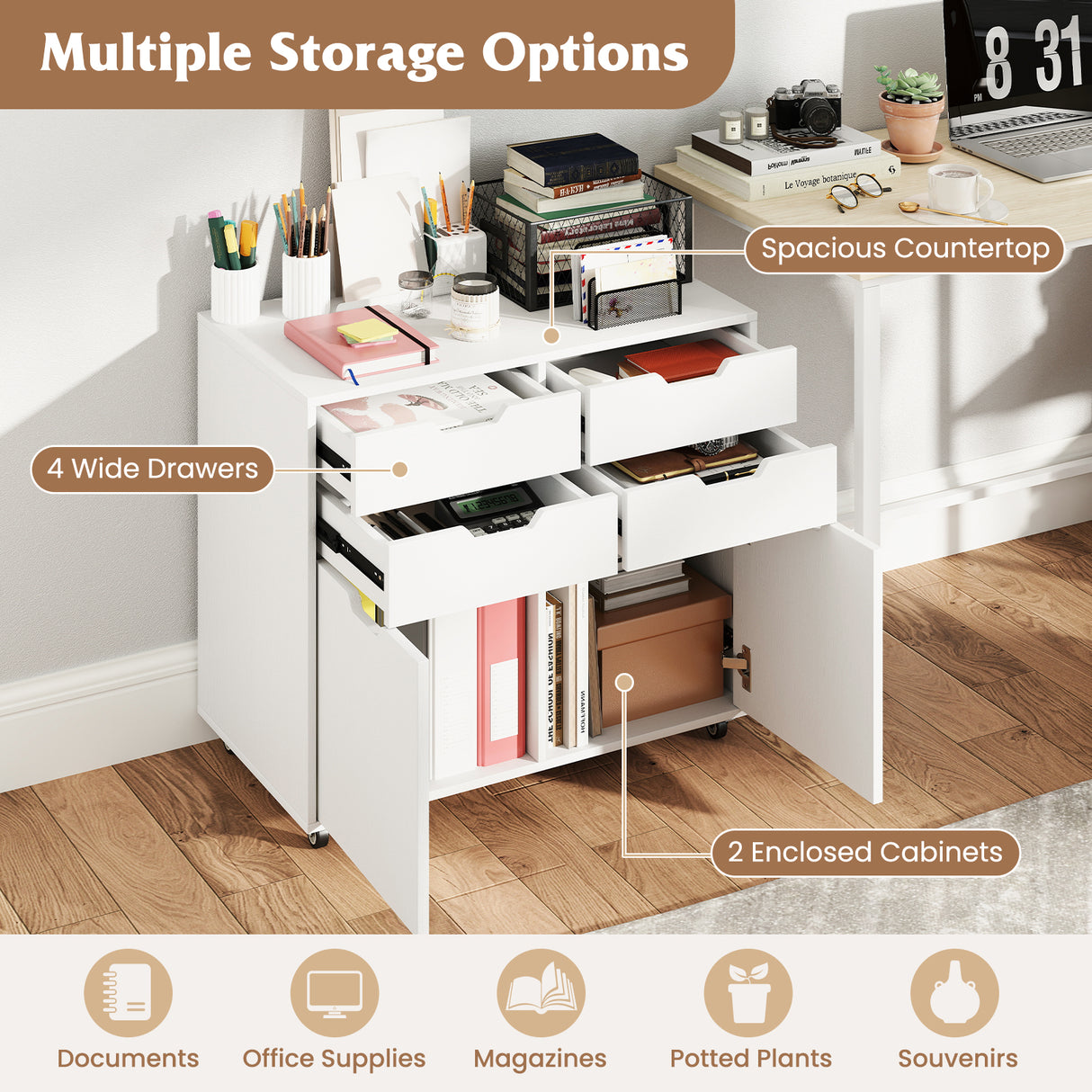 4 Drawer File Cabinet with Wheels for Home Office Organization-White