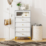 4 Drawer Modern Storage Cabinet with Flip Up Fluted Glass Door-Gray and White