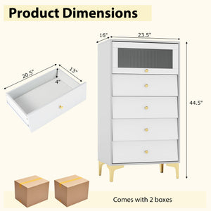 4 Drawer Modern Storage Cabinet with Flip Up Fluted Glass Door-Gray and White